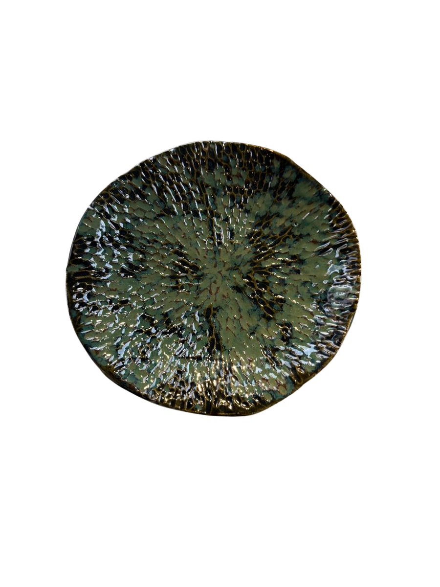 GOUGED GREEN TAZZA PLATE WITH SNAKE BASE